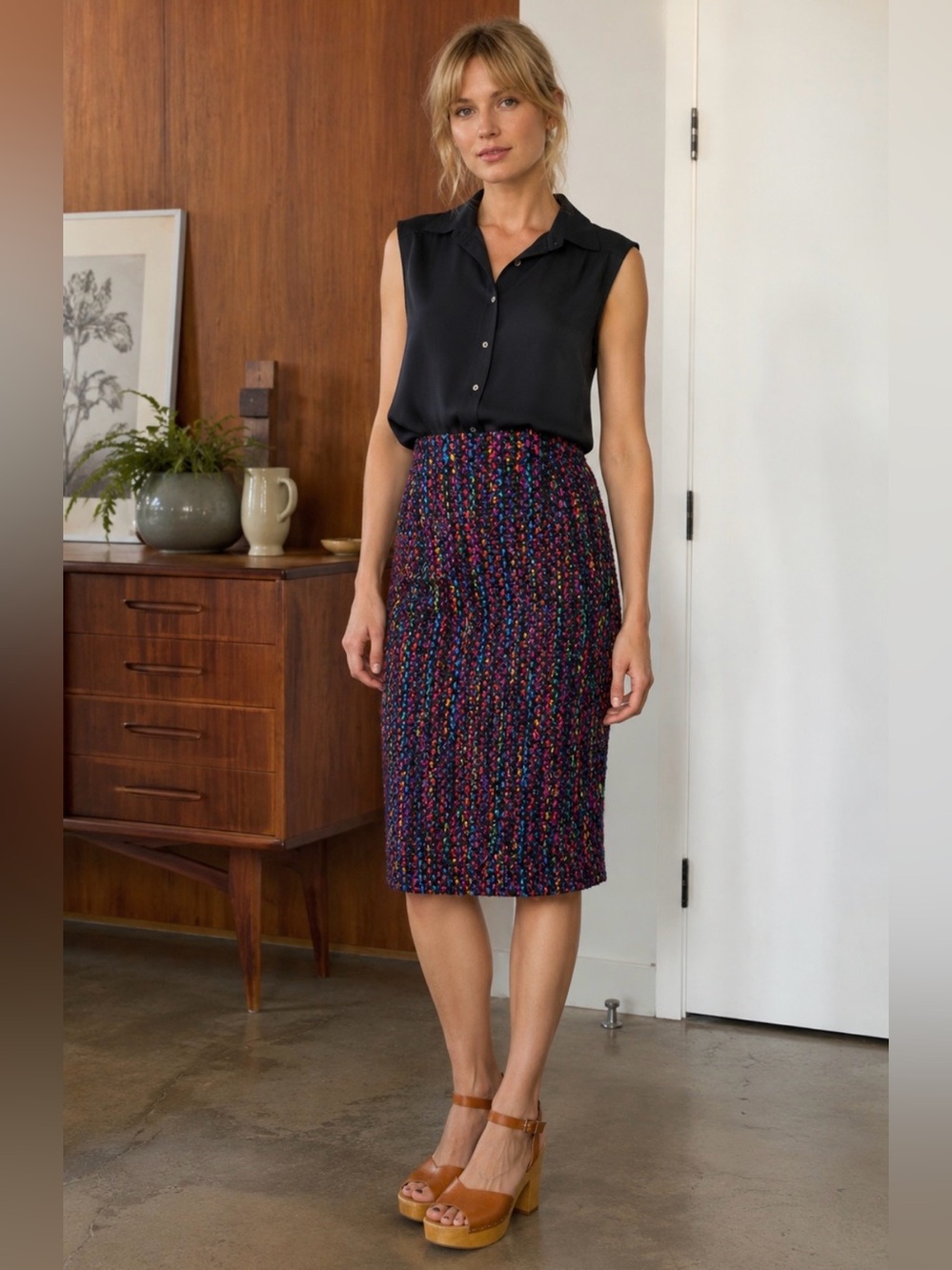 VINTAGE Multicolour Tweed Midi Skirt